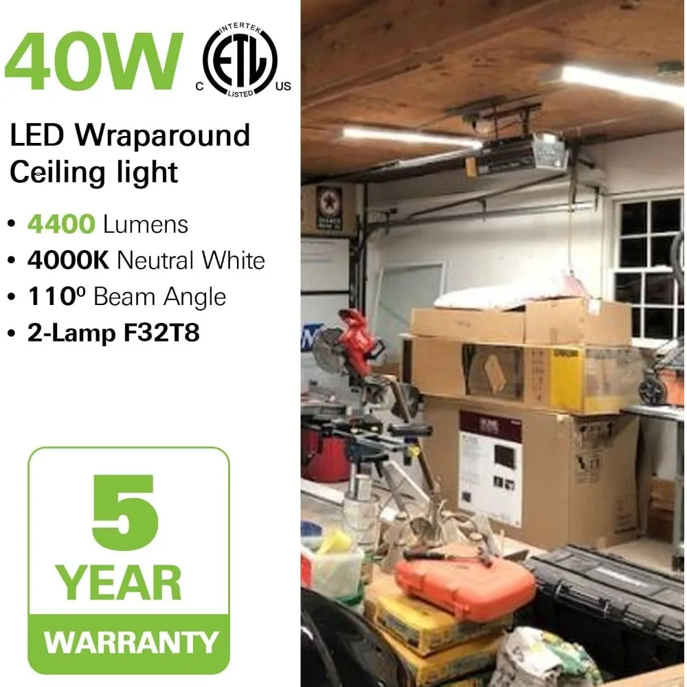 4 Pack 4FT LED Wraparound Light 40W 4 Foot Shop Lights for Garage, [2-lamp 32W Fluorescent Equiv.] 4400lm 4000K Wrap Light