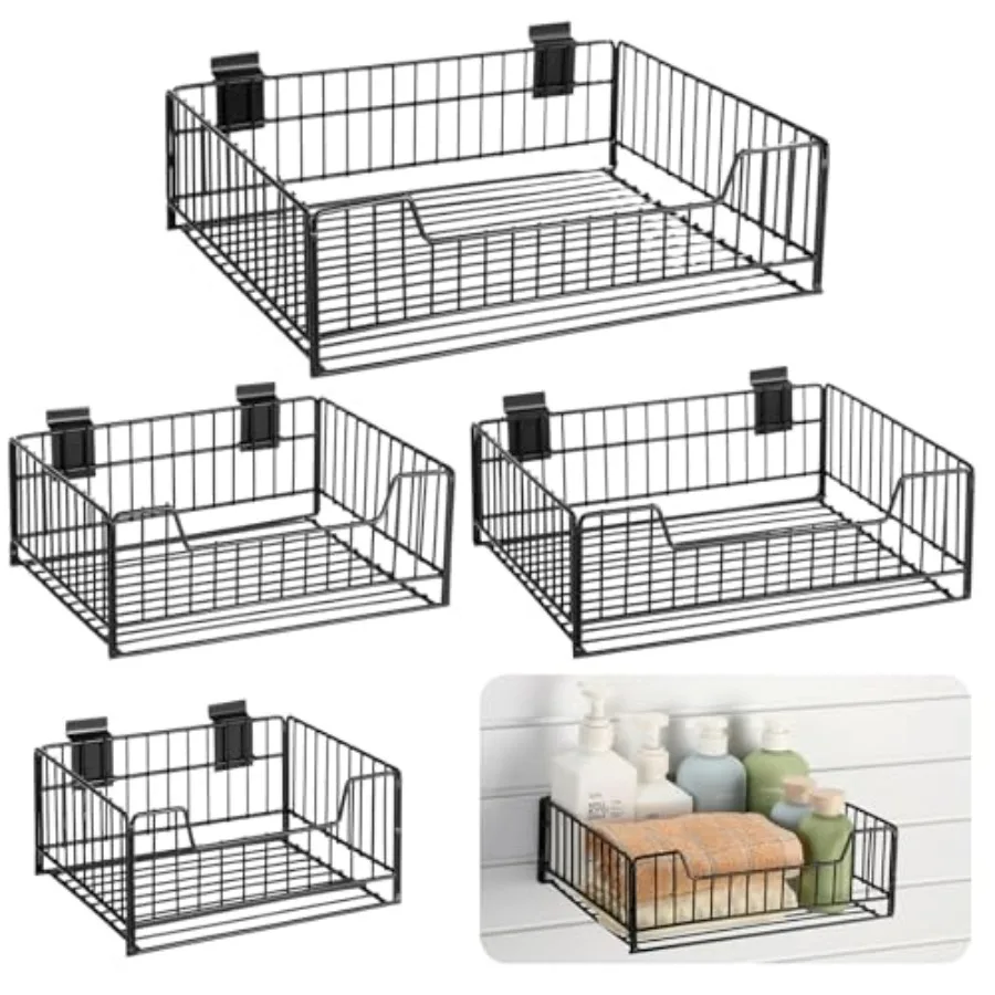 

Набор из 4-х корзин для перегородки, многоразмерная вентилируемая металлическая черная корзина для хранения, подвесные аксессуары для перегородки для гаража Ro