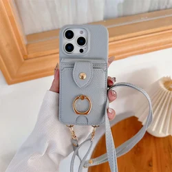 Crossbody Ring Stand Phone Case for IPhone 16 15 Plus 14 11 Pro Max 13 12 Mini Mirror Wallet with Card Holder Leather Cover