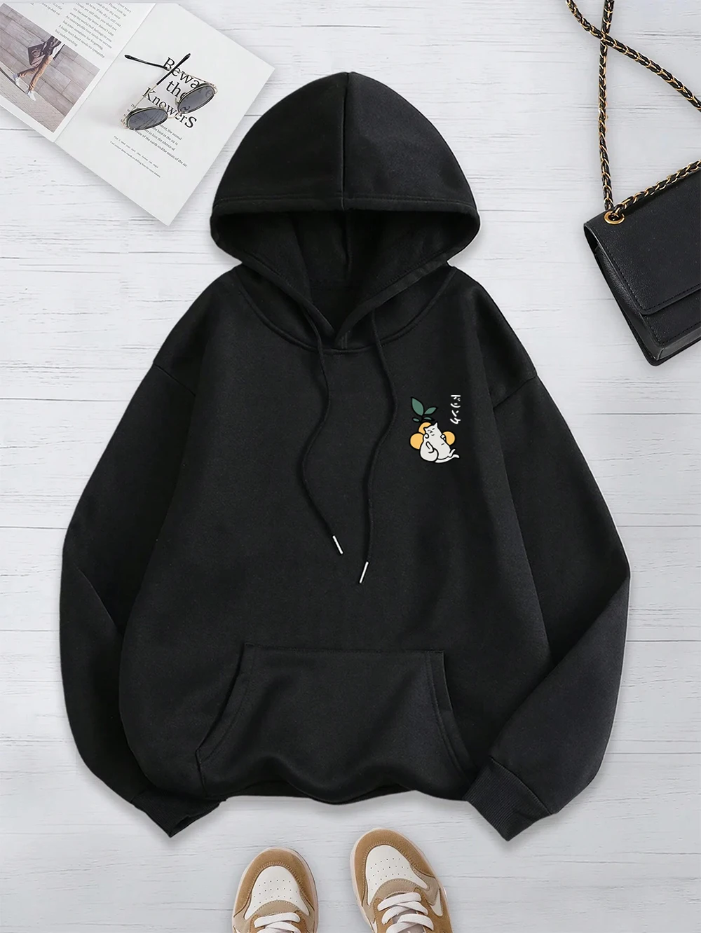 Kawaii Japanese Harajuku Cat Print Hoodies Men Women Pocket Autumn Clothes Crewneck Loose Streetwear Fleece Warm Couple Hoodies