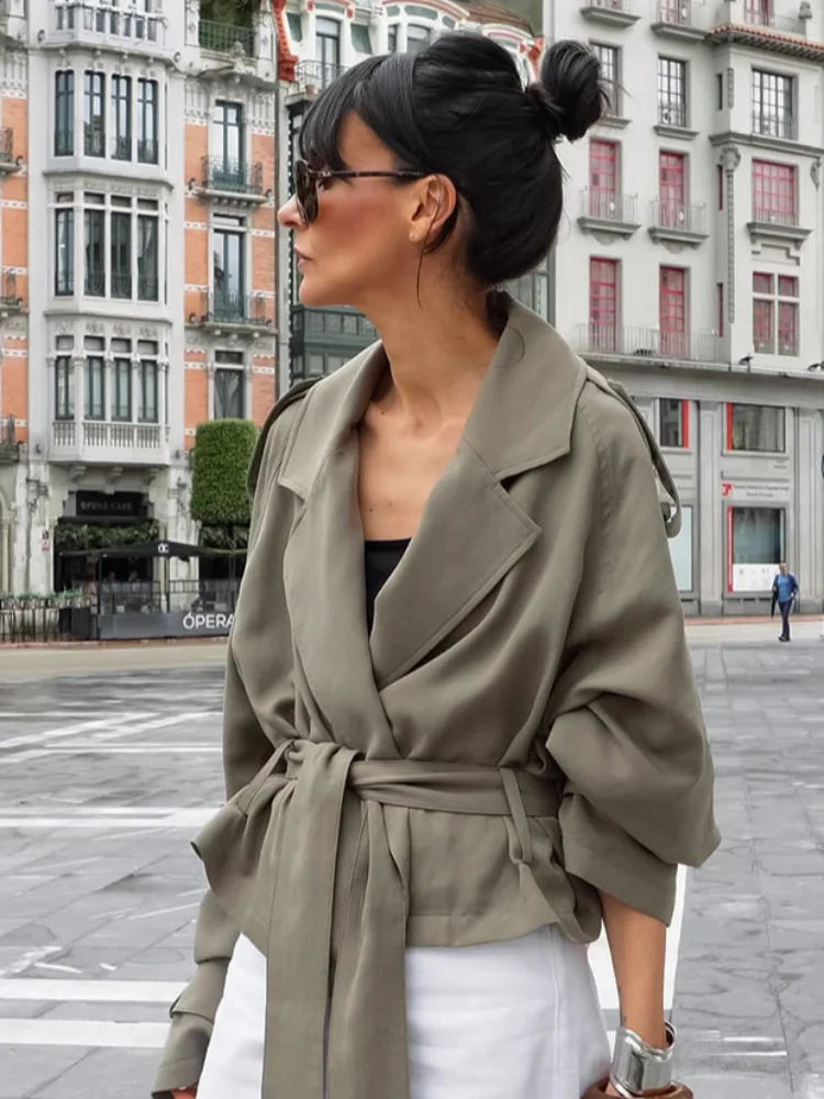 Fashion Solid Lace Up Jacket for Women Casual Long Sleeve Turn Down Collar Female Coats 2025 Autumn New Lady Outerwear Street