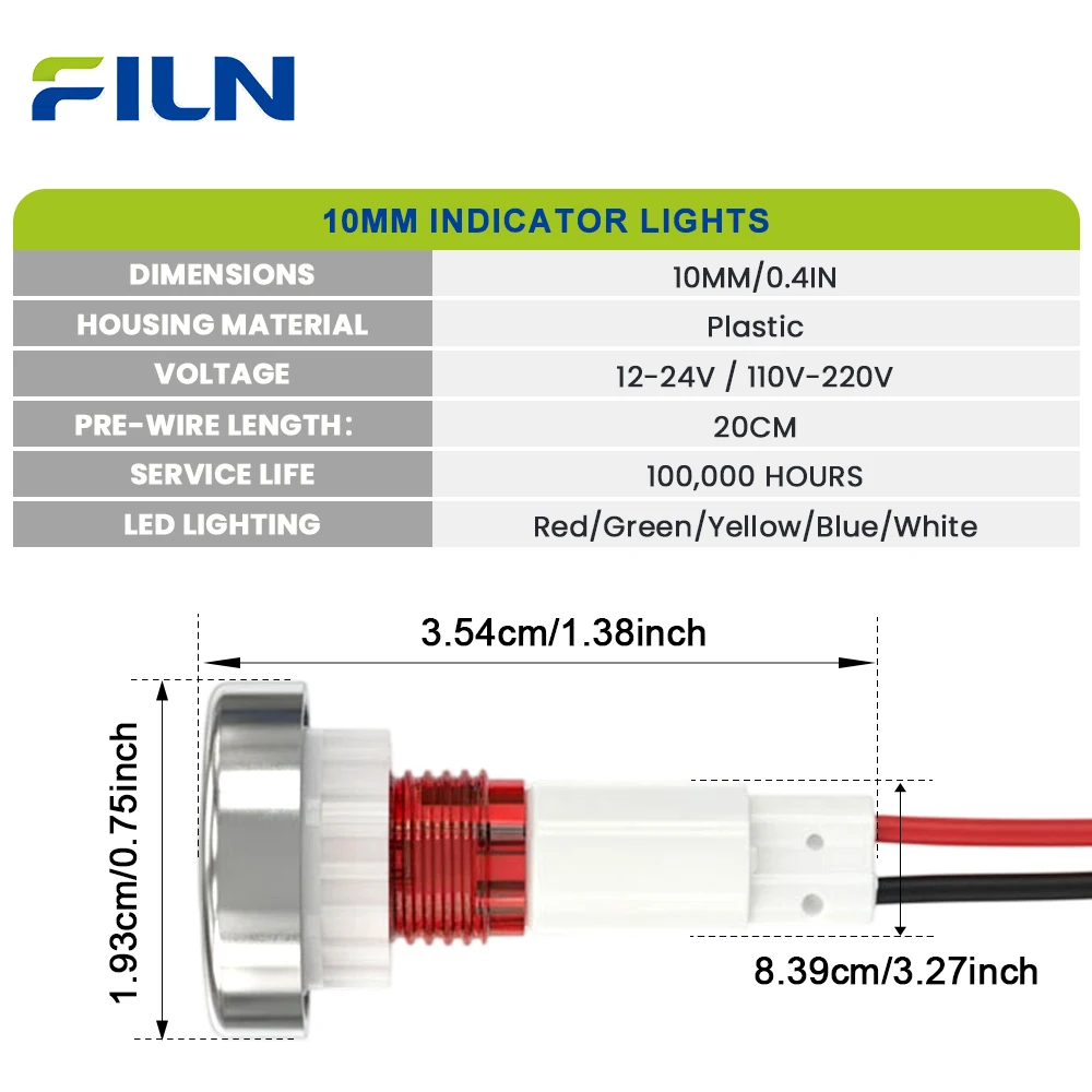 FILN 3PCS 10mm IP67 Waterproof Warning Lamps LED Indicator Lights 12V-24V for Car Marine Industrial Equipment Control Dashboard
