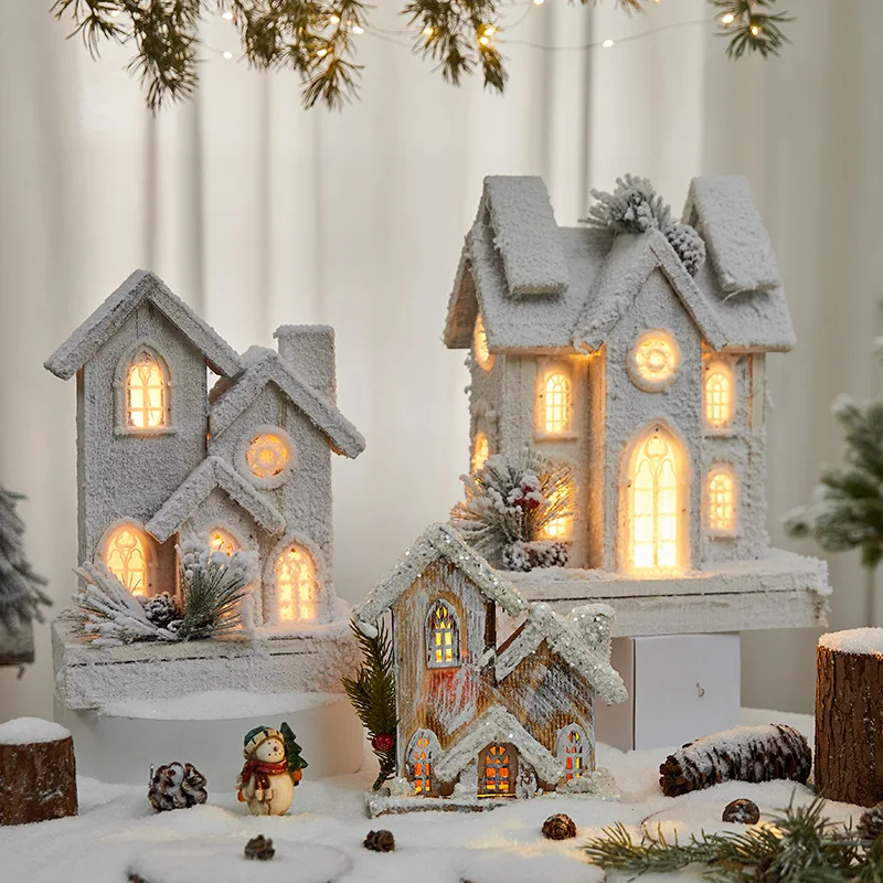 zv-Christmas European creative snow house luminous wooden house ornaments shopping mall window holiday scene decoration house*