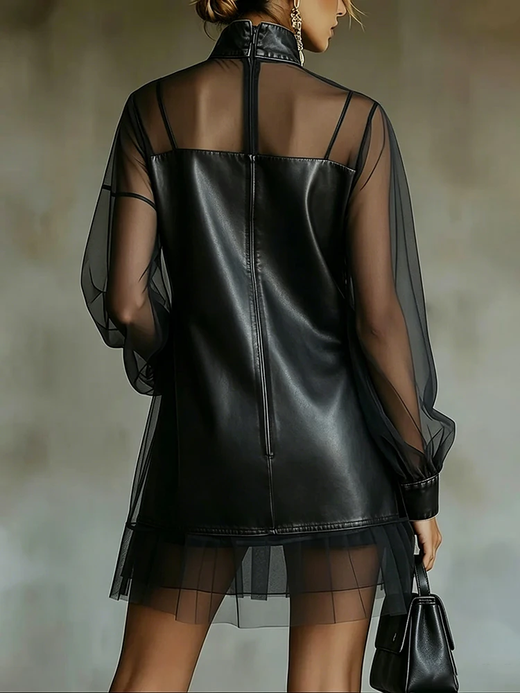 

PU Leather Mini Dress For Women Fashion Turtleneck Tulle Patchwork Long Sleeve See Through Party Dresses Femme Chic Vestidos