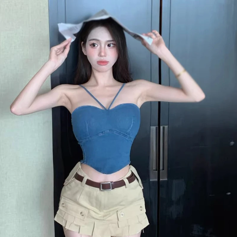 Summer Solid Color Neck Hanging Irregular Slim Fit Tops Sexy Exposed Shoulder Straps Chest-Pads Denim Suspender Vests