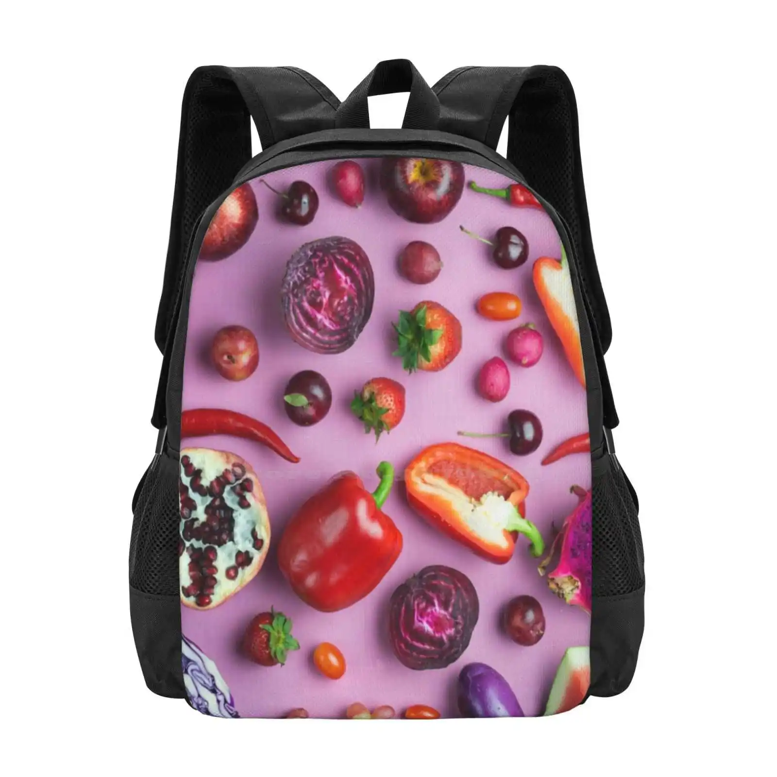 Red Food On Pink Hot Sale Schoolbag Backpack Fashion Bags Pink Purple Apple Background Beet Root Bold Brinjal Cabbage Capsicum