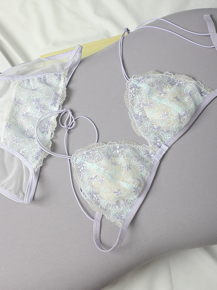 Embroidered lace lingerie triangle cup hollowed out ultra-thin sexy bra breifs set women small size underwear bralette