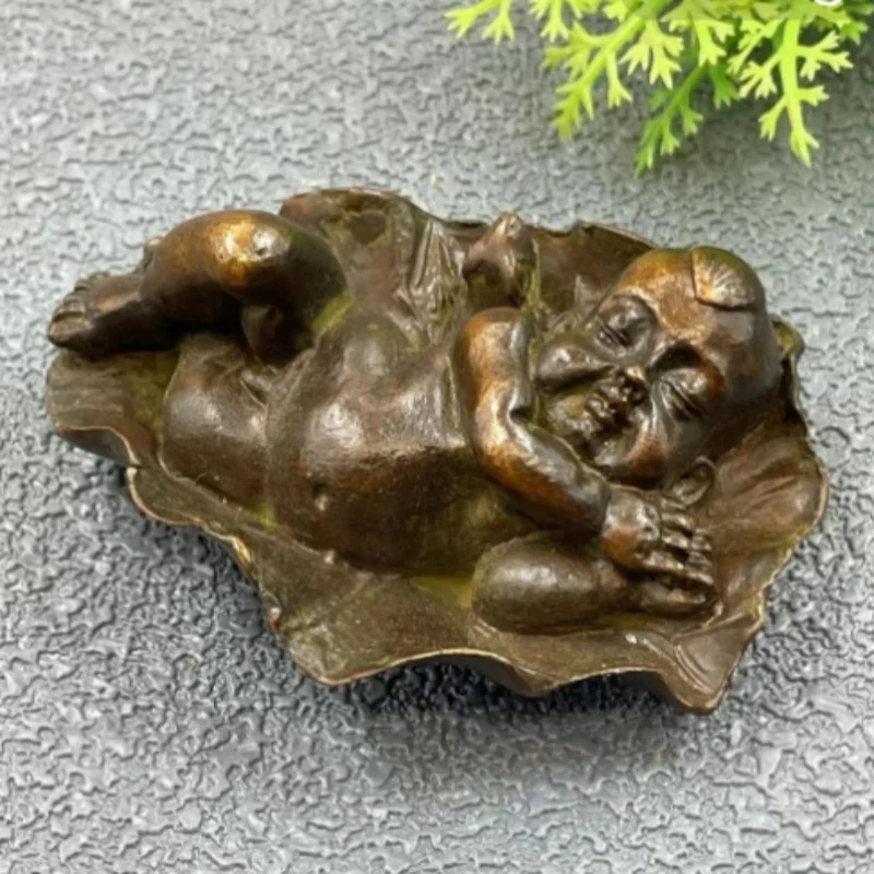 Vintage Bronze Lotus Leaf & figure Sculpture- Traditional Zen Tea Table accessory & Home Desktop