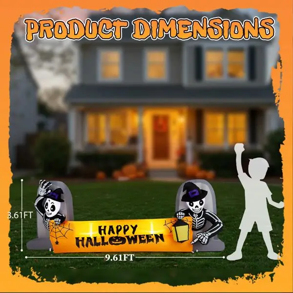 9.6FT Halloween Inflatable Skeleton with Tombstone Banner, LED Light-Up Yard Decoration, Outdoor Spooky Decor with Built-in Fan