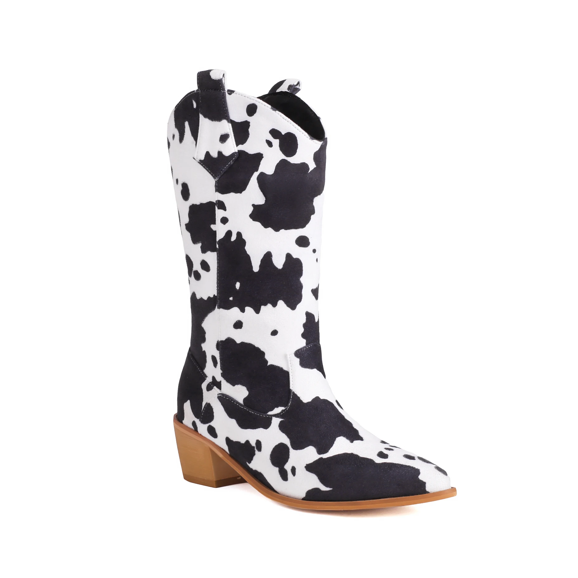 

Women Mid Calf Cowboy Boots Chunky Blocked Heels Shoes Cow Print Western Boots Plus Size (US 4.5-10.5)