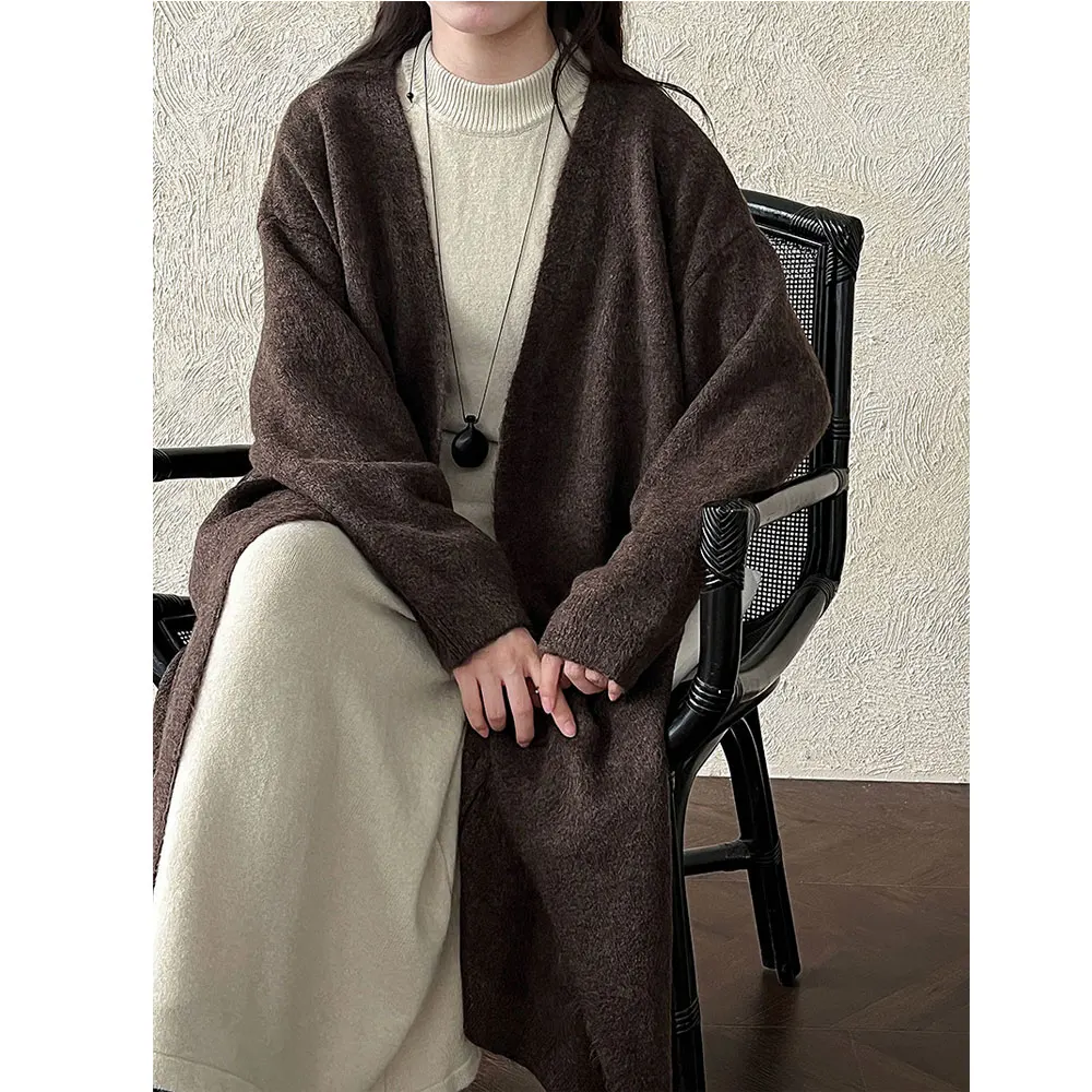 2025년 신상 여성 니트 롱 스웨터 코트 오픈 스티치 브이넥 긴팔 가디건 가을 겨울 여성용 상의 스웨터