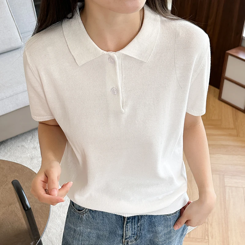 Summer 100% pure cotton women's T-shirt casual solid color knitted pullover sho… - Image 2