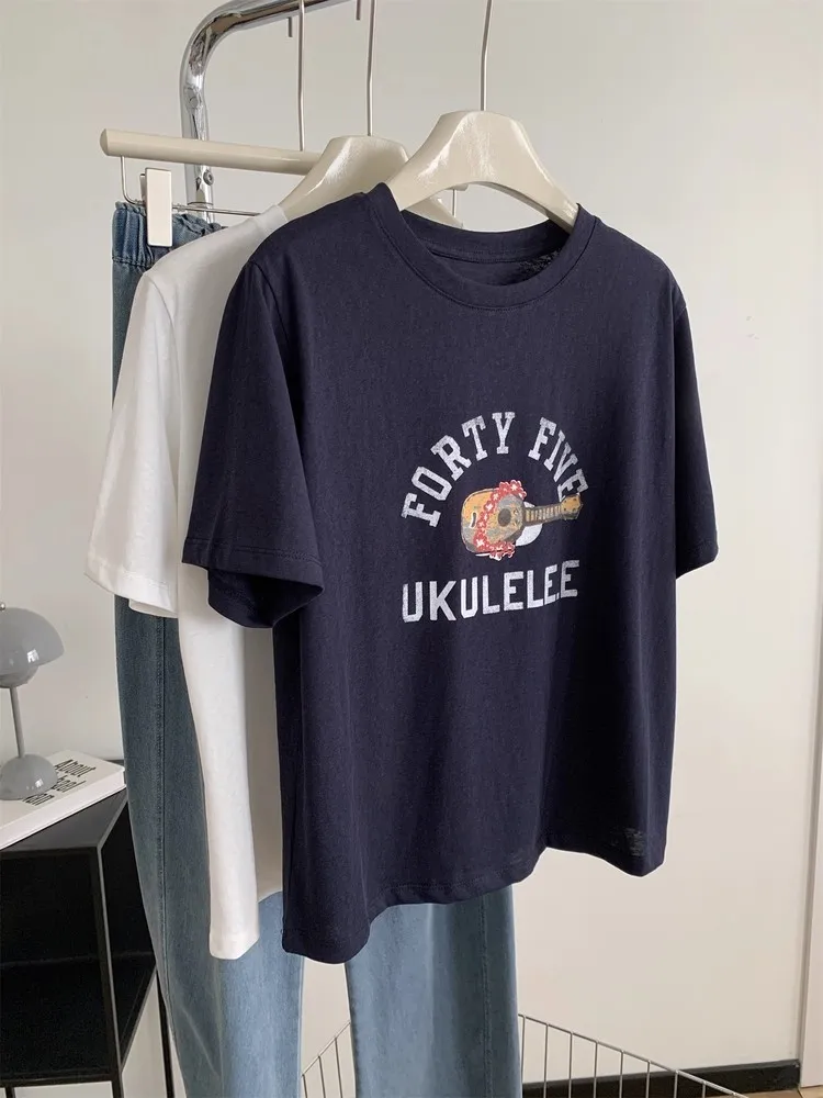 가볍고 통기성 좋은 여름 티셔츠 여성용 한국 스타일 레트로 기타 레터 프린트 오르트 스노우플레이크 코튼 탑