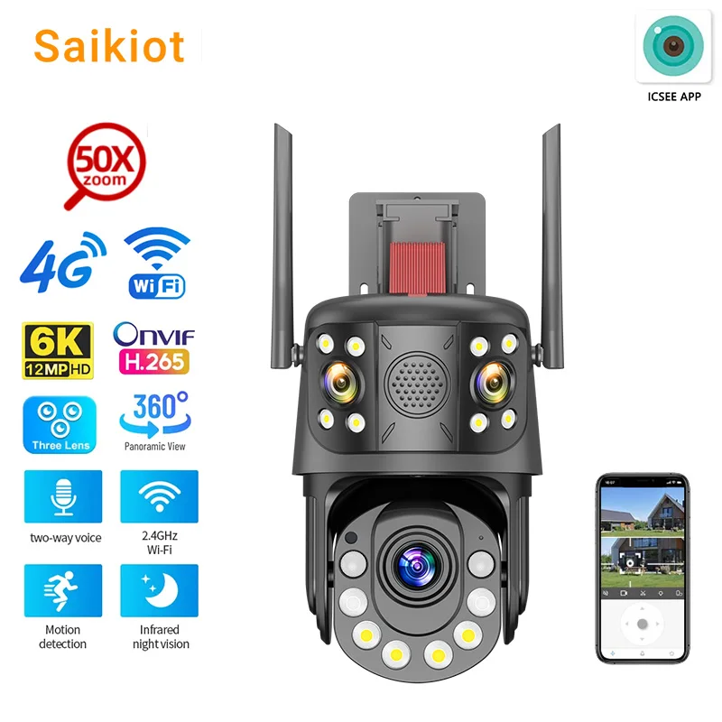 

Saikiot ICSEE 12MP 50X Zoom Onvif 4G WIFI PTZ Camera 3 Lens 3 Screens Outdoor CCTV Security Surveillance 4G SIM Card PTZ Camera