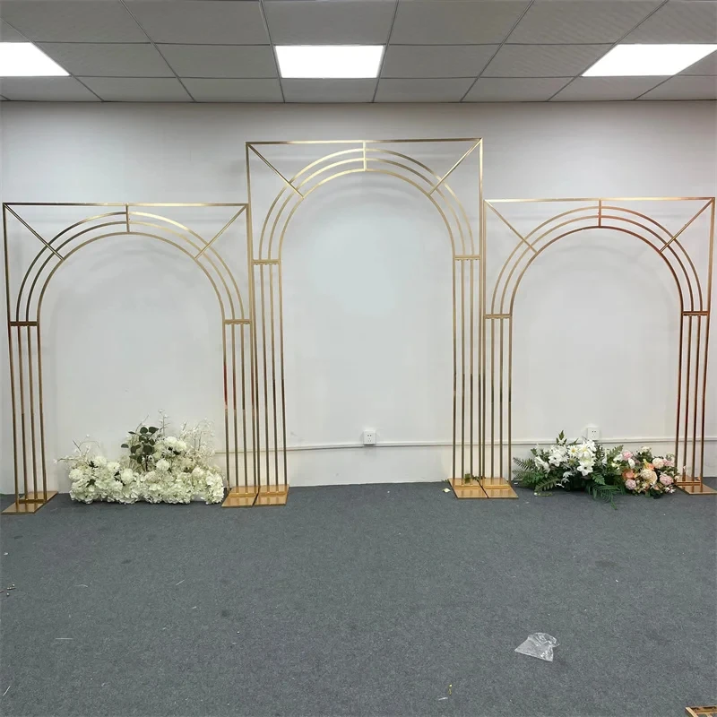 3 Stücke Hochzeitsbogen mit glänzender Goldlinie, mehrstöckiger Hintergrundrahmen, Hochzeitsblumenrahmen, Schleier-Stützrahmen – Detail 4