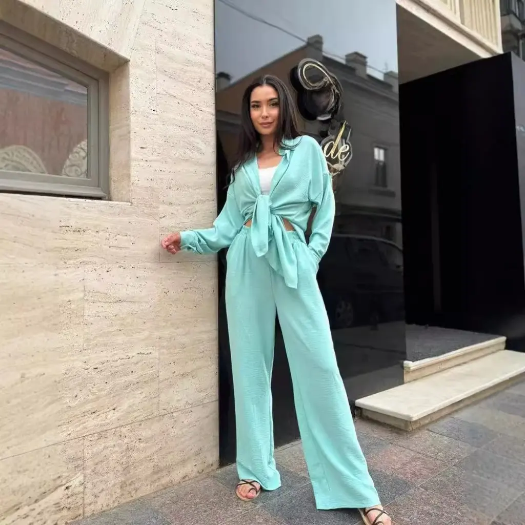 

Autumn Solid Color Lapel Long Sleeve Shirt Jacket And Casual Pants Two-Piece Set for Women European And American Style