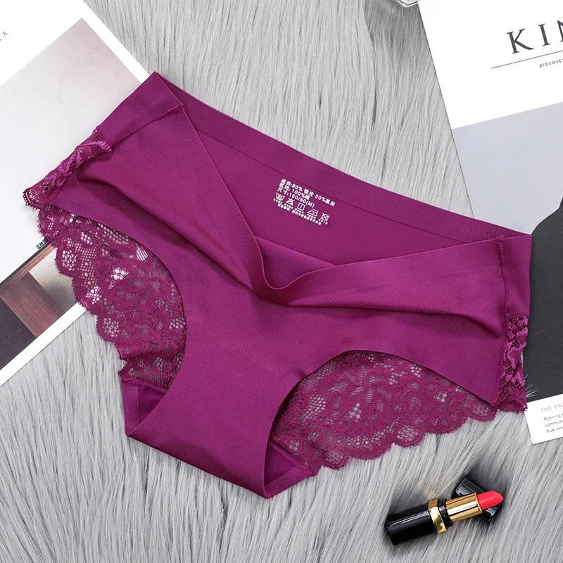 1Pcs Soft Women Seamless Panties Luxury Sexy Lace Silk Splice Underwear Breathable Intimate Brief Plus Size Panties image 6