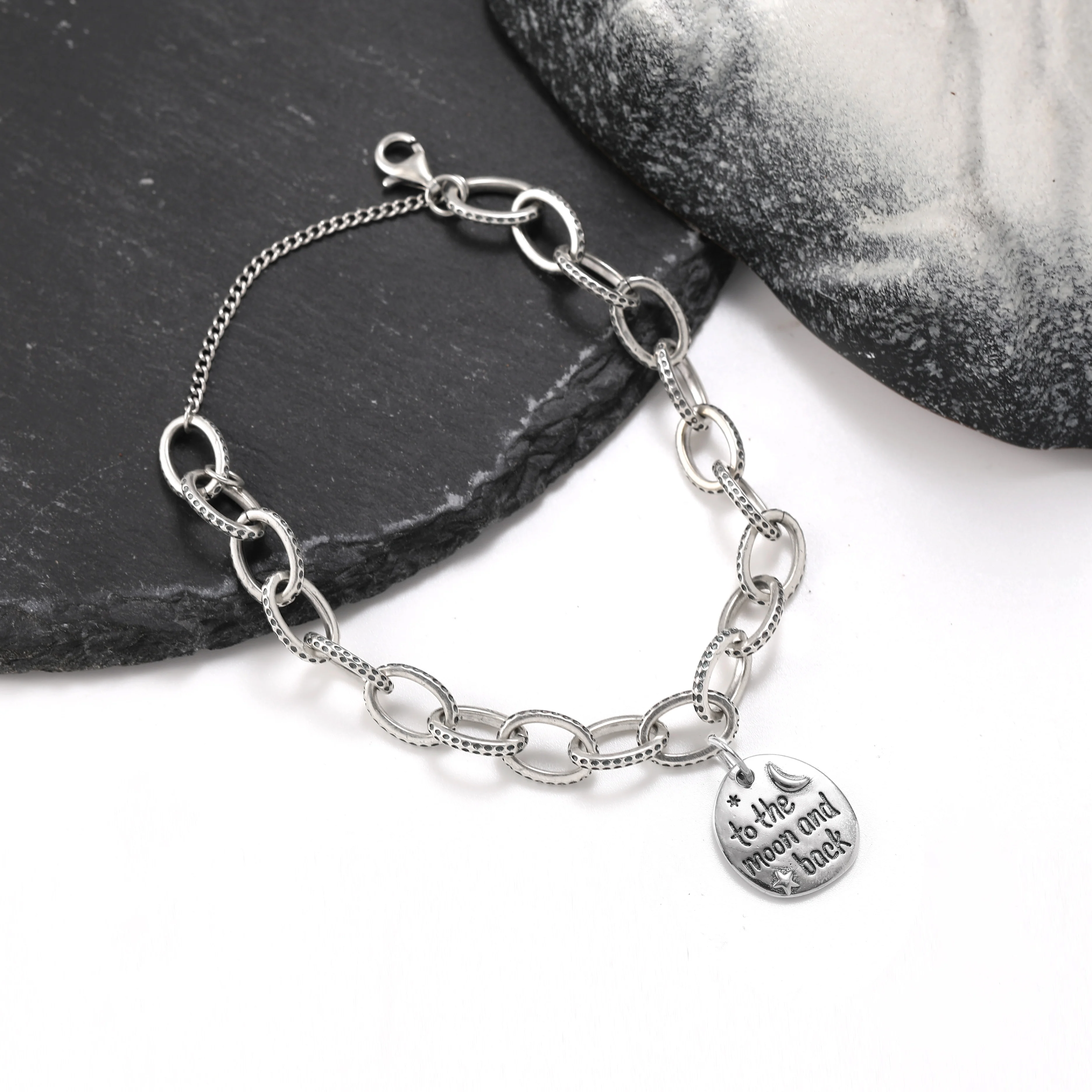 

Genuine 925 sterling silver exquisite Textured Oval Charm Bracelet paired with "To and from the moon" pendant