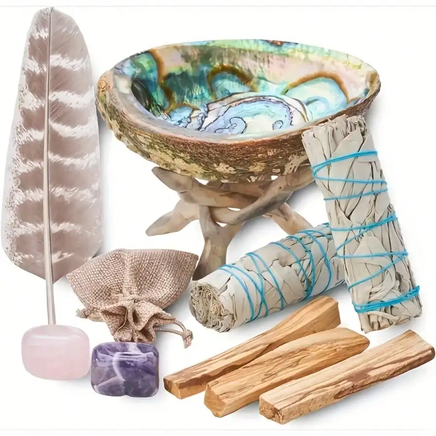 Home Cleaning Incense Set with White Sage, Sacred Wood, Abalone Shell and Holder, Feathers — Gift Set for Christmas, Thanksgivin