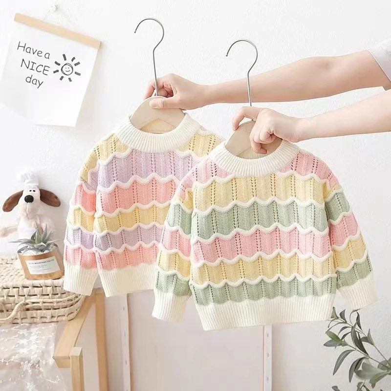 

Kids Girls Rainbow Sweater Fashionable Autumn And Winter 2024 New Girl Baby Knitted Inner Layer Thickened and Fashionable