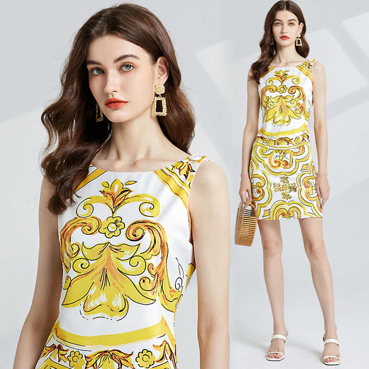 Summer Fashion Runway Designer Women Round Neck Sleeveless Yellow Baroque Printed High Street Backless Elegant Mini Vestidos