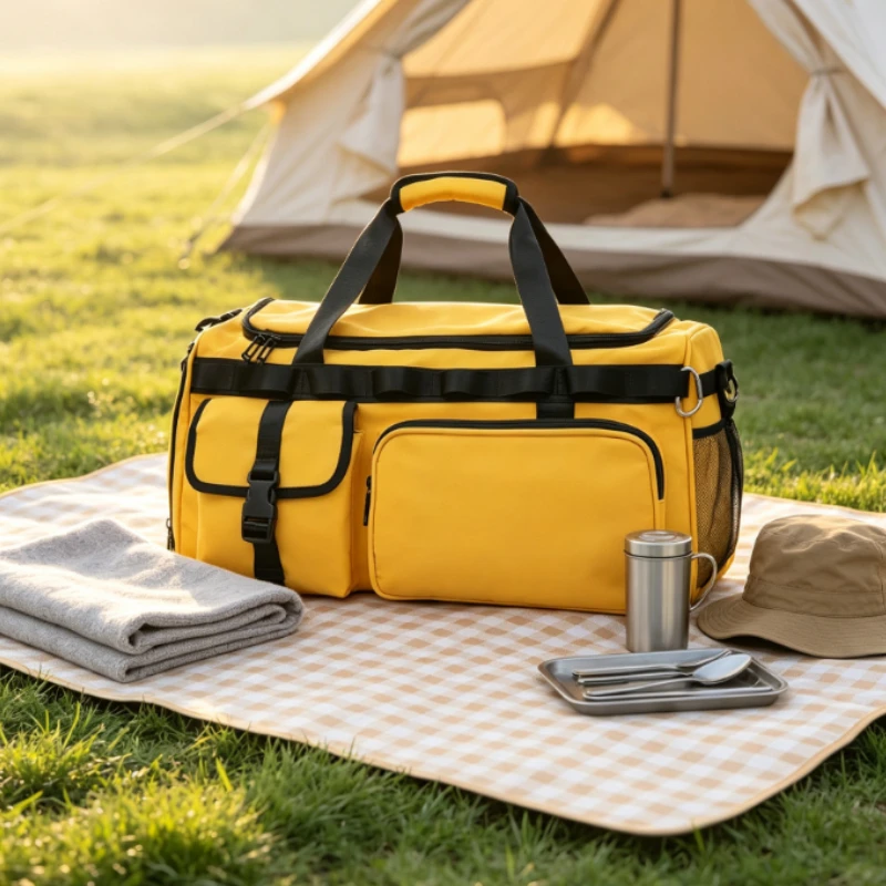 Bright Yellow Travel Duffel Bag with Brand Straps & Multi Pockets for Gym Sports Weekend Getaway Lightweight Carry-On