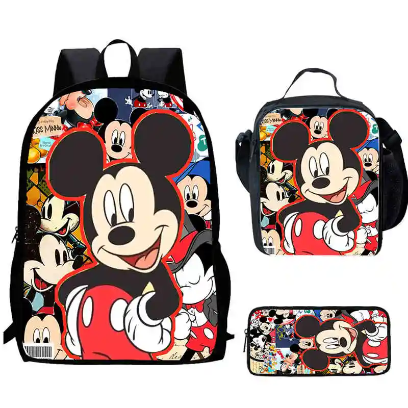 Mochila escolar infantil do Mickey dos desenhos animados com lancheiras sacos de lápis para o jardim de infância, melhor presente para meninos e meninas