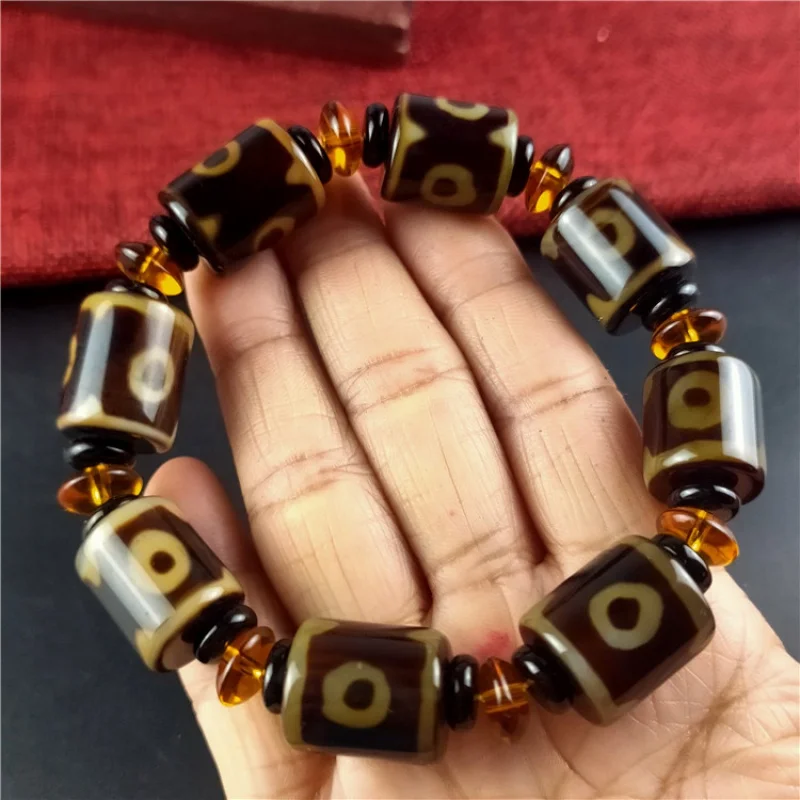 Tibetan Style Three Eyes Dzi Agate Barrel Bead Bracelet Vintage Ethnic Style Couple Jewelry Wholesale