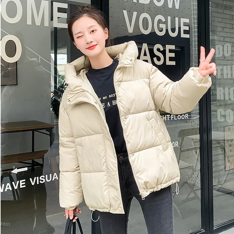 Hooded Coat Cotton Padded Jackets Outwear Autumn Winter Thicken Warm Parka Women Casual Solid Color Loose Parka