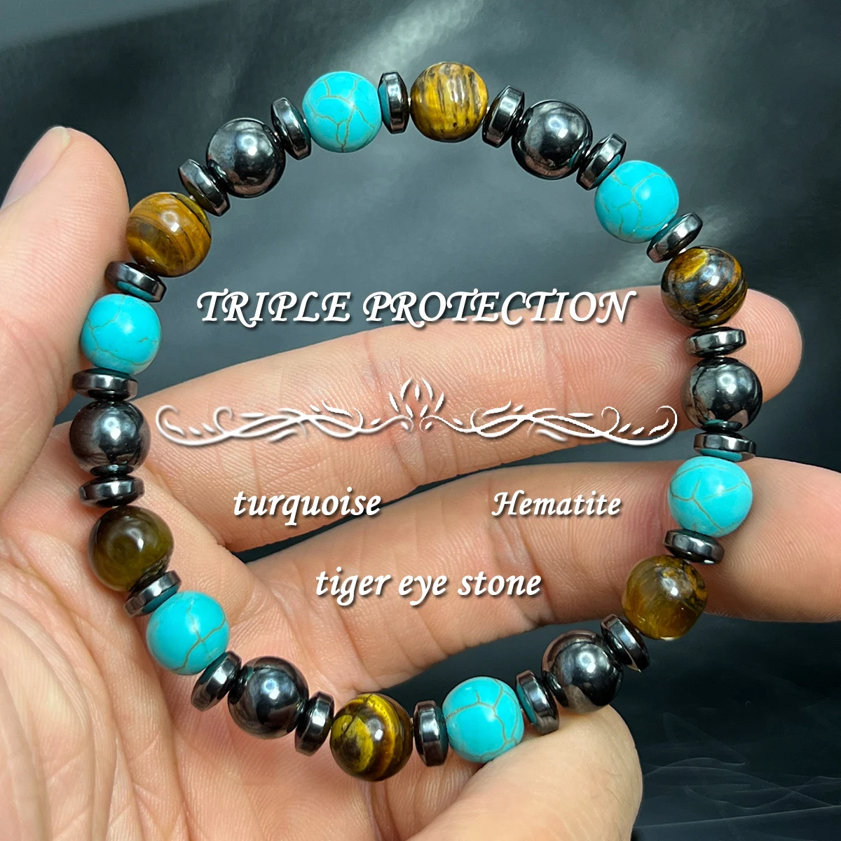 1pc/Triple Protection Beaded Therapy Bracelet for Men Women Hematite, Turquoise and Tiger Eye Stone Stress Relief Therapy Jewelr