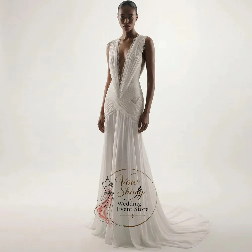 Vow Shiny Sexy Chiffon Boho Wedding Dresses Deep V Neck Mermaid Bridal Gown Customized Robe De Mariée Lace Edge Sleeveless 2027