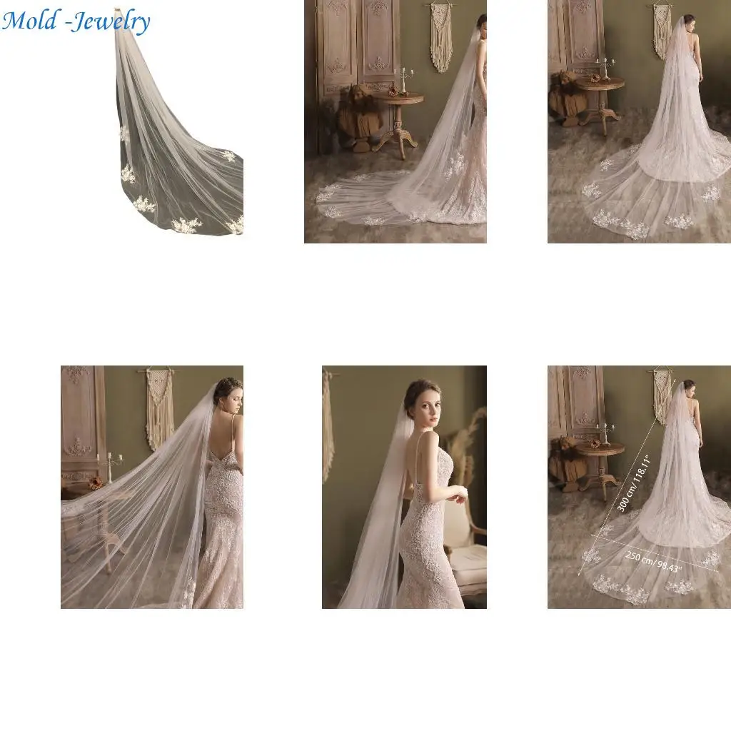 

69HB Wedding Bridal Veil Sheer White Tulle 118in Chapel Veil with Lace Appliques Trim Hair Accessories for Bride 1 Tier