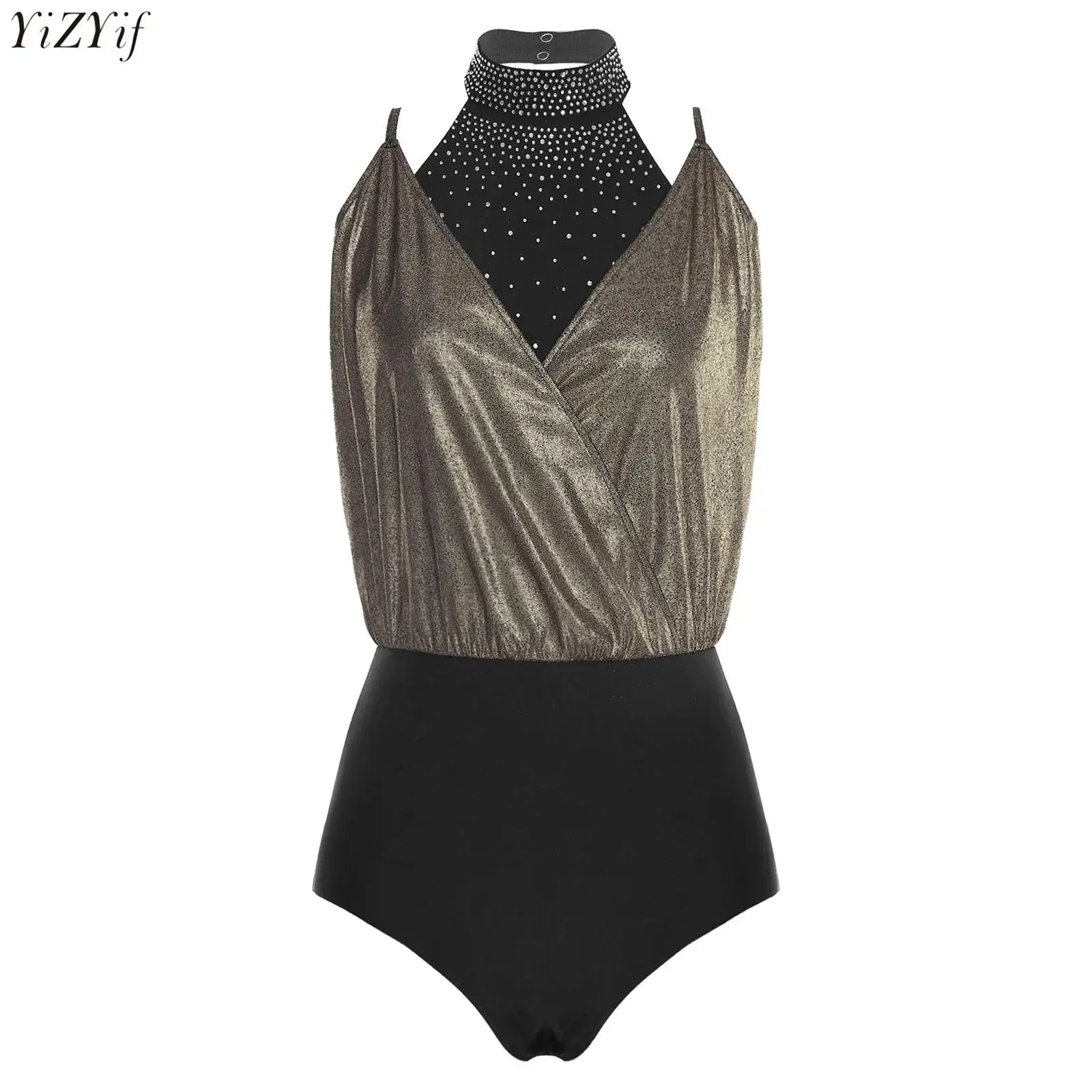 

Womens Jazz 80s Disco Dance Costume Wrap V-Neck Spaghetti Straps Metallic Bodice Halter Vest Leotard Gymnastics Figure Skating