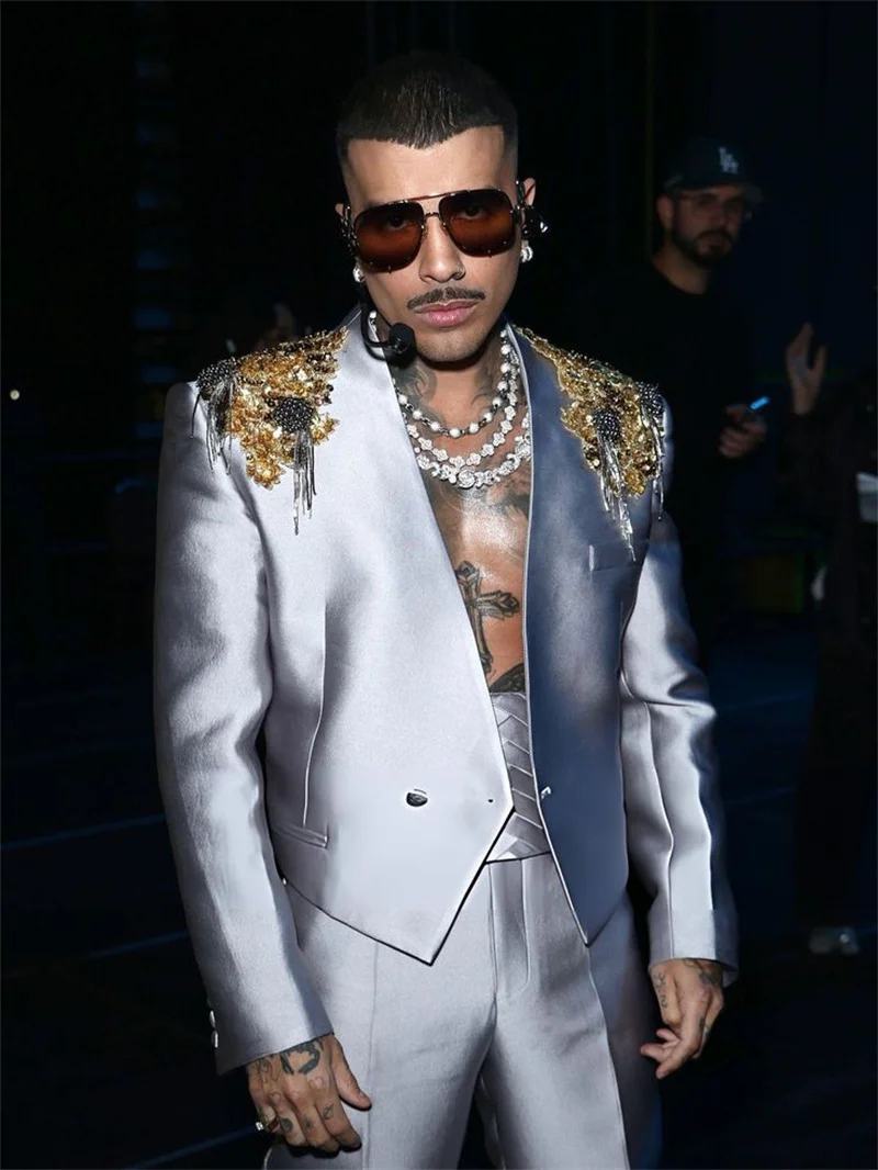 

Satin Men Suits Set 2 Pcs Blazer+Pants Trousers Crystals Appliqued Wedding Tuxedo Formal Office Business Groom Jacket Coat