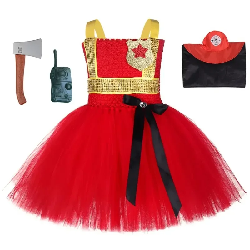 Costume de pompier cosplay pour enfants, uniforme de pompier, tenues de carnaval, vêtements de travail pour filles, robe tutu cosplay d'Halloween