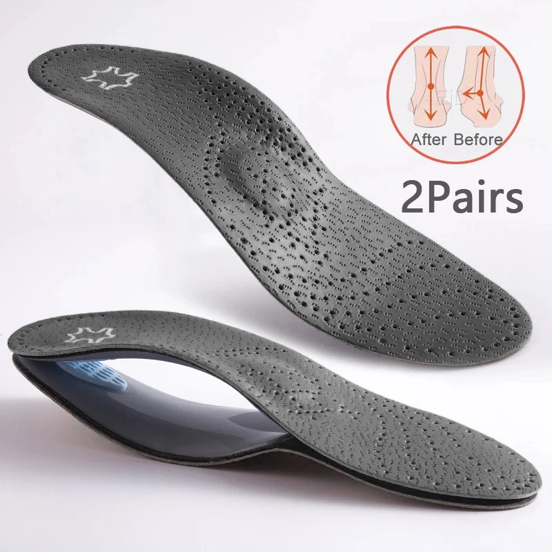 2 Pairs Leather Orthopedic Insole Orthotic Arch Support Instep Flat Foot Shoe Pad PU Latex Antibacterial Active Carbon Foot Care