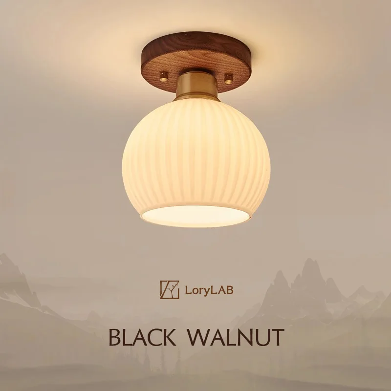 

Walnut Wood Brass Art Glass, Modern Wabi-sabi style, Ceiling Light for Commercial places, living room corridors, entrance halls