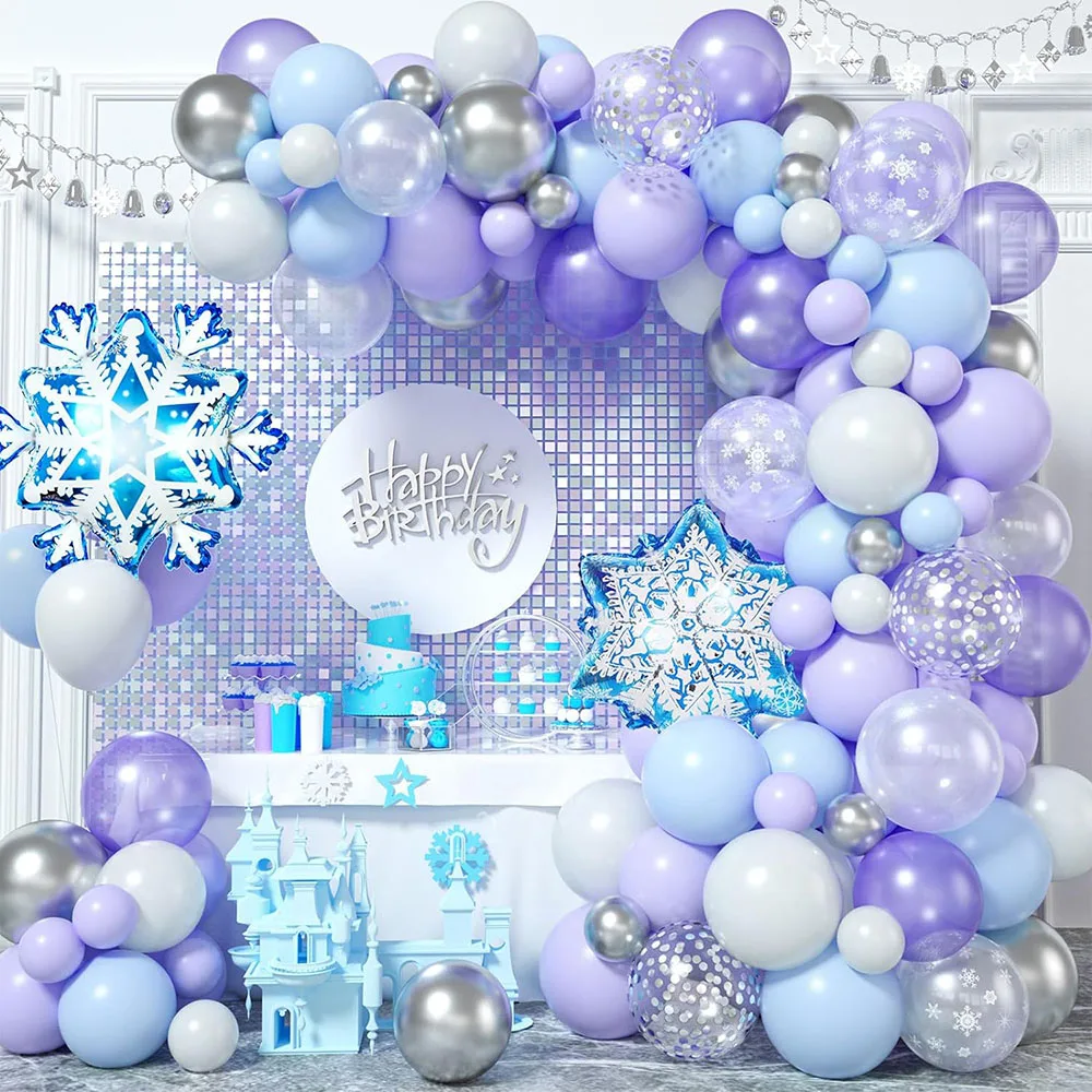 Frozen Balloon Arch Set, 117 Pieces Frozen Party Decoration, Purple Blue White Metallic Silver Latex Balloon Snowflake Aluminum Foil for Christmas Winter Wonderland Princess Birthday Baby Shower Party Supplies