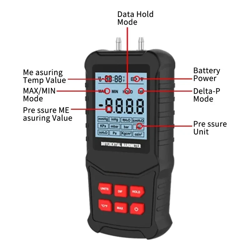 Digital Manometer K20 ℃ ℉ Switchable 12 Pressure Units LCD Display  Adjustable Temperature Tool Pipes Pressure Measuring Device