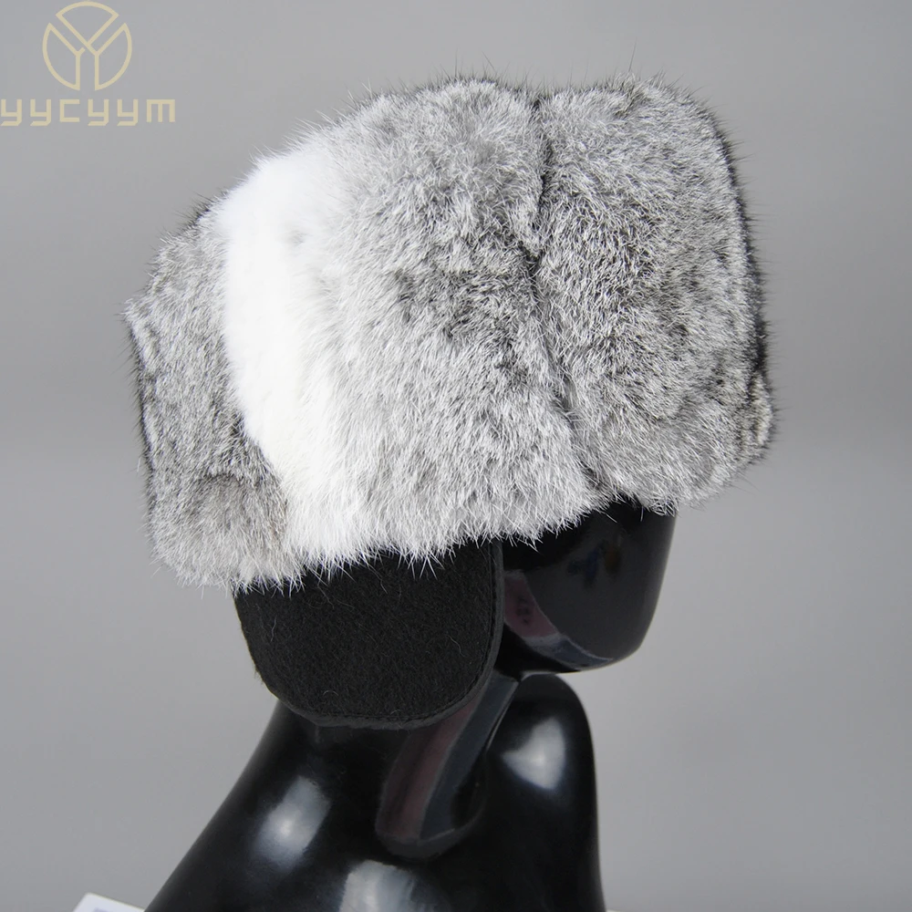 

Hot Sale Men Russian Winter Rabbit Fur Bomber Hat Super Warm 100% Natural Rabbit Fur Hats Male Full Pelt Genuine Rabbit Fur Cap