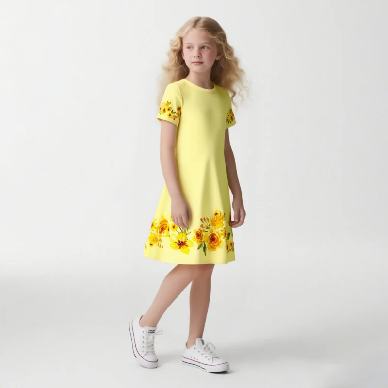 فستان أصفر 2025 فستان بأكمام قصيرة مع مطبوعات بنمط الأزهار #3
