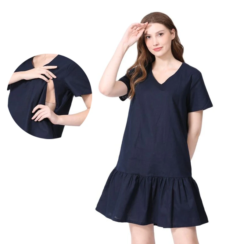 

Big Size Summer Pregnant Women Dress Ruffle Straight Cut Maternity Cotton Linen Dress Invisible Zipper Breastfeeding Clothes