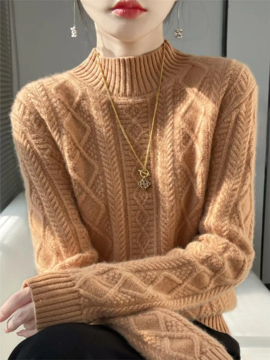 

Утепленный зимний вязаный свитер женский свободного кроя с высоким воротником, с узором косы, шерстяной базовый слой, модный, теплый, в стиле lazy chic