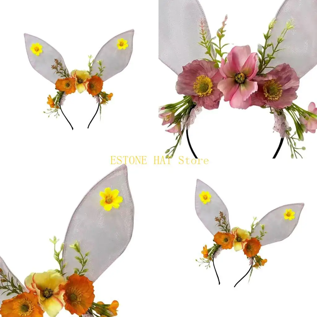 

49MF Plastic Frame Mesh Rabbit Ears Headwear Soft Mesh Fabric Headdress for Kids Adults Easter Celebration Accessory