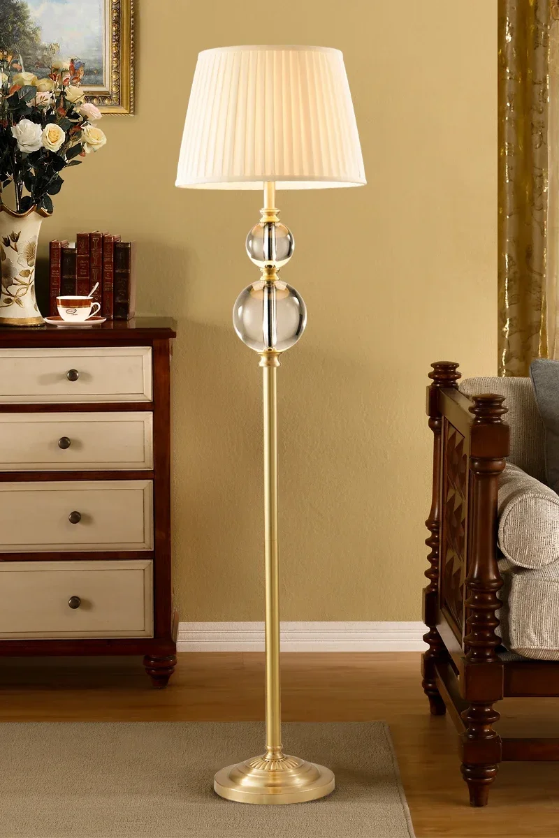 American Light Luxury Crystal Floor Lamp Living Room Simple Modern All Copper Floor Table Lamp European Study Bedroom