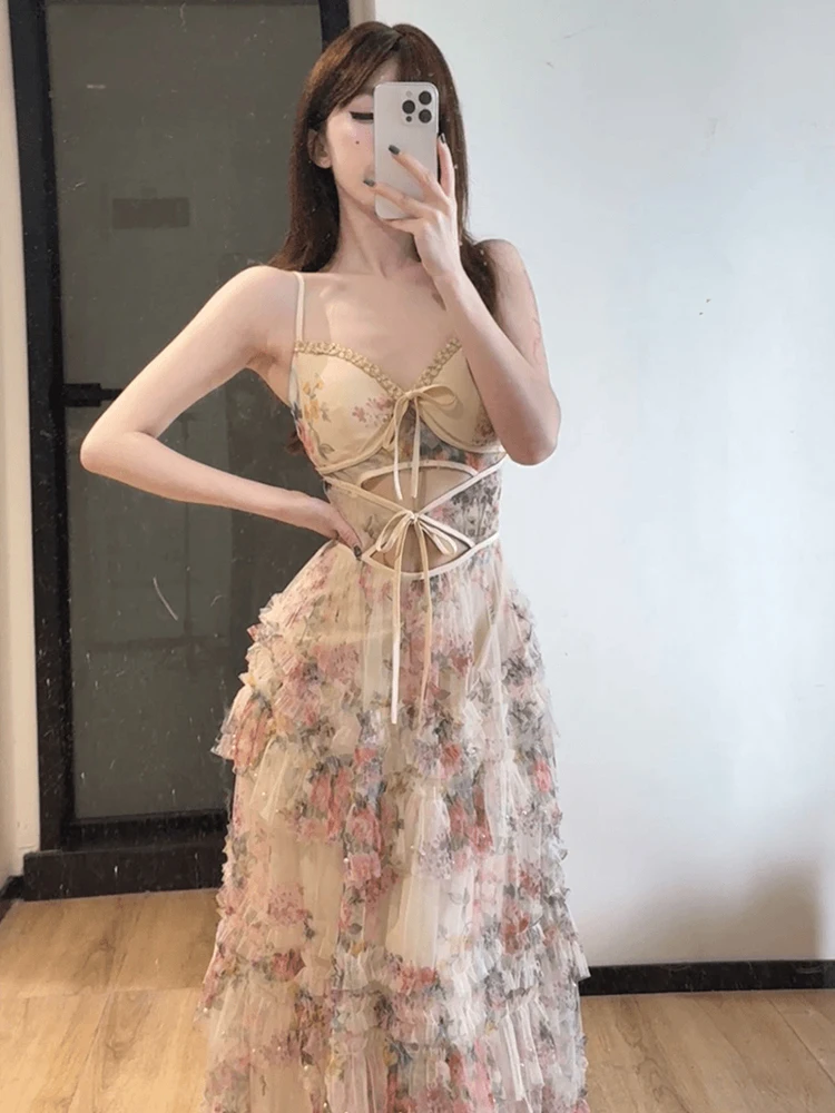 

Нежное цветочное платье с вырезами и бретелями, женское, дизайнерское, праздничное, кружевное, длинное, в стиле «городской шик», с открытой спиной