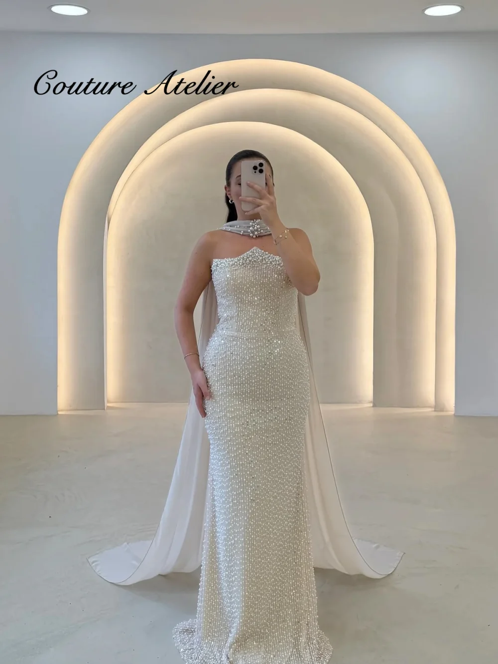 

White Sweetheart Beaded Evening Dress With Scarf Tight Asymmetrical Evening Gown Sexy With Train Ball Customized