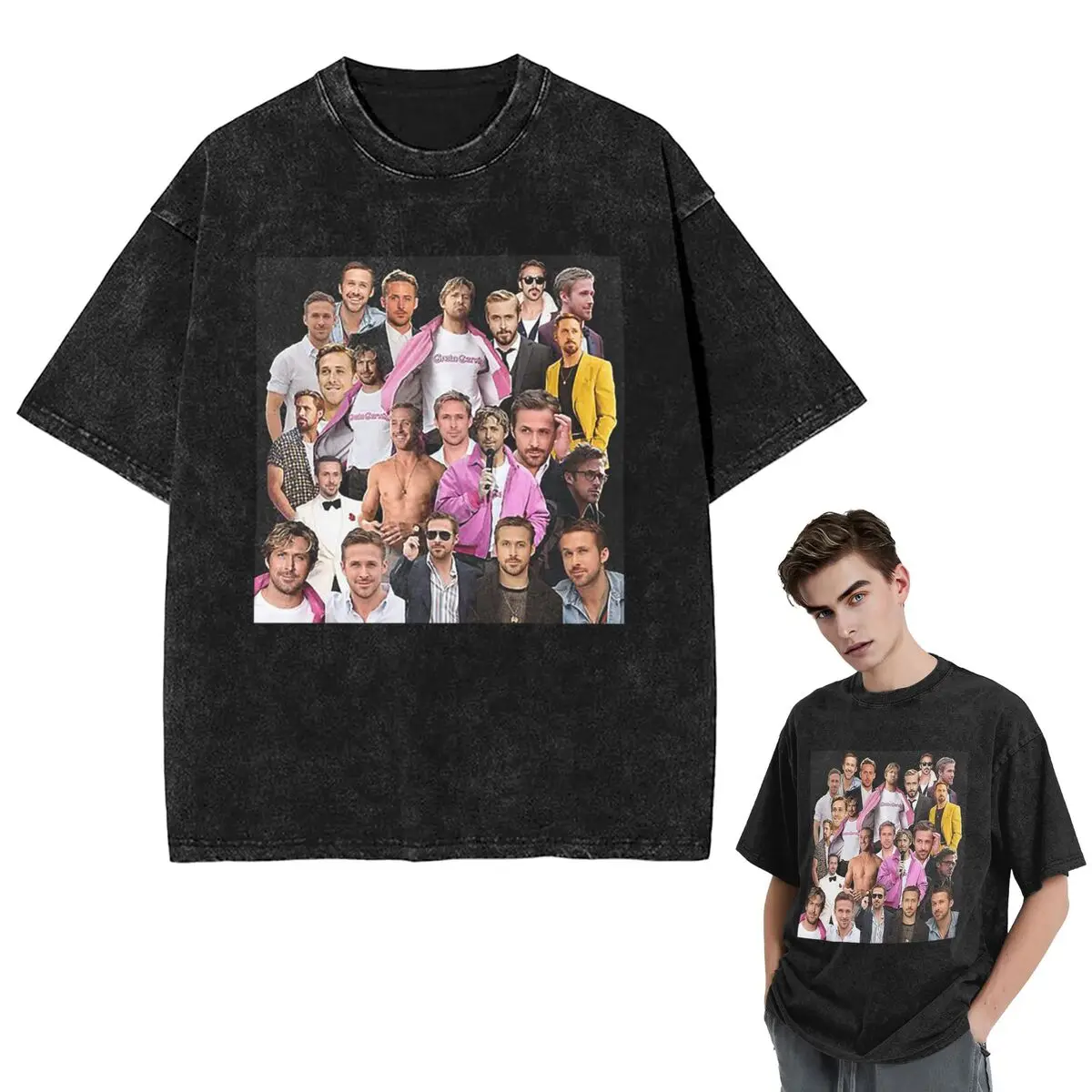 Streetwear T-Shirts High Quality Ryan Gosling Photo Collage Washed T Shirt Short Sleeve Hip Hop T-Shirt Tops Tees for Men Women