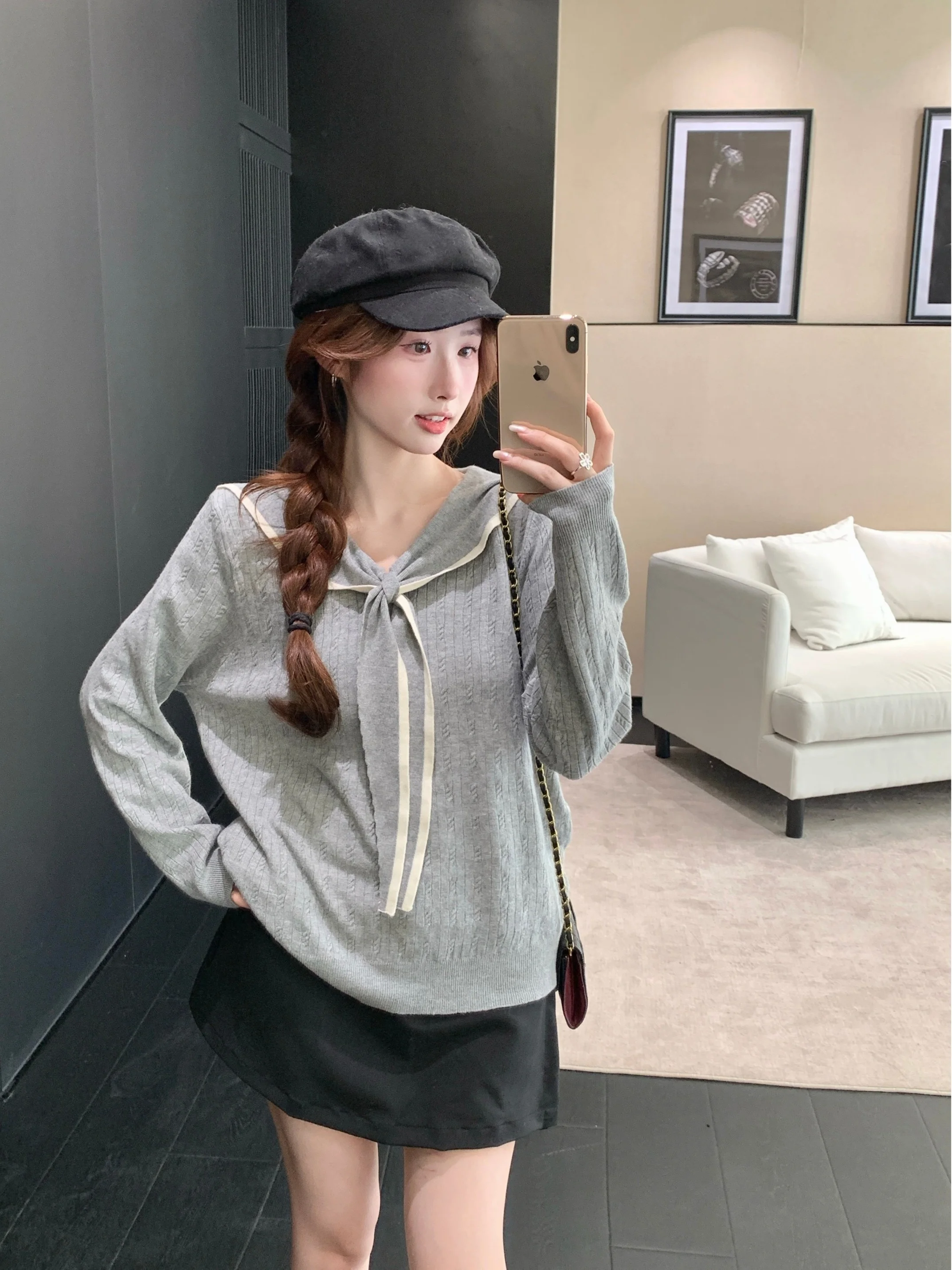 

plus Size Women's Long Sleeve Knitwear Loose Fit Naval Collar College Style Early Autumn New Arrival Versatile Slimming Top