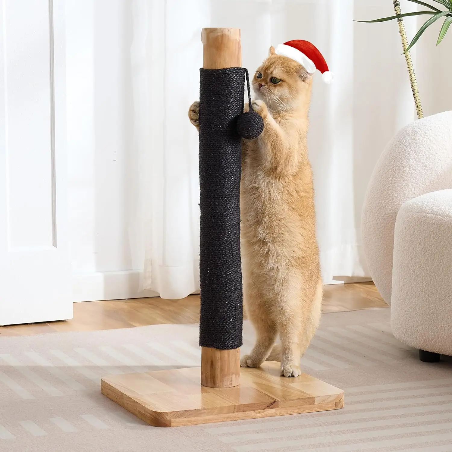 

29" Tall Cat Scratching Post for Indoor Cats, Extra-Stable Solid Wood Sisal Scratcher with Hanging Ball